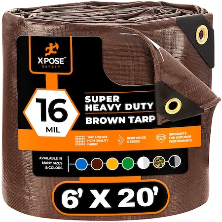Xpose Safety Heavy Duty Tarp, 6 ft x 20 ft, 16 Mil, Brown, Polyethylene BHD-620-A